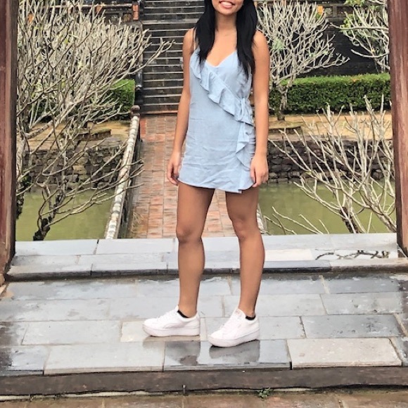 💘  linen ruffle romper in chambray - Picture 2 of 7